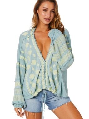 Free People | Home Town Embroidered Volume Sleeve Top in Mint